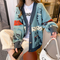 唐狮猫毛衣开衫女冬季红色慵懒风宽松V领针织外套qd