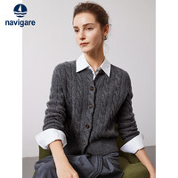 Navigare意大利小帆船女士全羊毛绞花针织开衫毛衣外套2334094512 灰 M 暗岩灰
