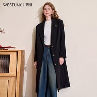 西遇英伦简约大翻领气质中长款大衣女2024秋冬高级感呢料外套 黑色 M