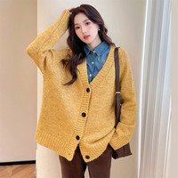 唐狮慵懒风简约设计开衫外套女冬季黄色宽松毛衣针织衫qd