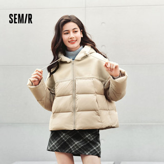 森马（Semir）棉服女拼接宽松棉衣复古时尚2024冬季毛绒连帽面包服109724112008 灰色调00322 XL