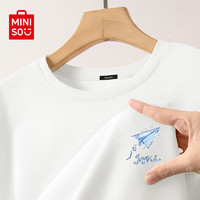 名创优品（MINISO）白色T恤男100%纯棉长袖春秋重磅二本针基础款宽松百搭圆领打底衫 白色(折纸飞机胸标) 2XL 185 (体重160-180斤)