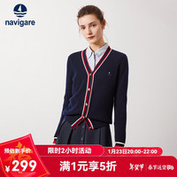 Navigare意大利小帆船女士全羊毛针织开衫V领毛衣外套2334094510 蓝 L 海军蓝/红
