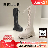 百丽女靴子厚底高长靴24冬显瘦瘦靴弹力靴加绒长筒靴B2241DG4 黑色-绒面 39