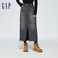 GAP女装春秋2024前开衩修身牛仔半裙纯棉拼接高腰长裙874444 黑灰色 2(26)亚洲尺码