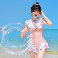 御茶家 甜心奶泡 甜美蝴蝶结粉显白学生可爱连体泳衣