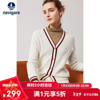 Navigare意大利小帆船女士全羊毛针织开衫V领毛衣外套2334094510 白 L 科技白/红