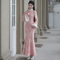 【夕君】2024冬季加绒粉色鱼尾修身改良年轻款旗袍