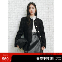 太平鸟女装短外套法式浪漫毛边小香风外套女春装夹克上衣 黑色 S