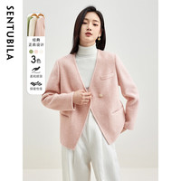 尚都比拉时尚优雅小香风毛呢外套女冬季女装气质双面呢大衣短款 樱花粉 L