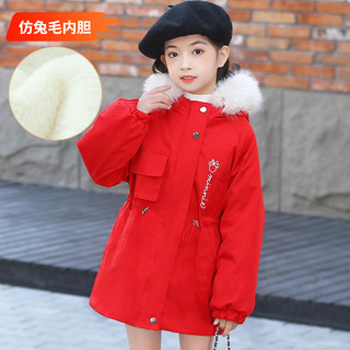 迪士尼 女童加厚连帽派克服外套保暖中长款风衣百搭拜年服