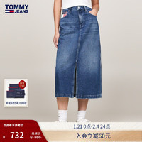 TOMMY JEANS 24秋冬女纯棉复古猫须高腰中长款牛仔半身裙DW0DW19646 牛仔蓝1A5 26