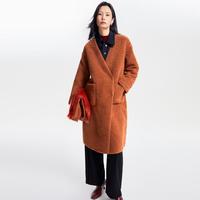 春季V领宽松绒绒长款厚实风衣外套女