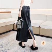 【松紧腰垂感丝绒半身裙】春装新女士纯色开叉a字中长裙