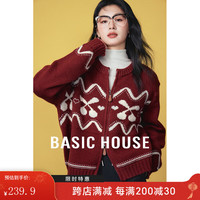 Basic House/百家好新年慵懒风撞色双拉链毛衣开衫小个子秋冬针织外套 红色 L