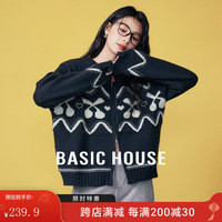 Basic House/百家好新年慵懒风撞色双拉链毛衣开衫小个子秋冬针织外套 蓝色 M