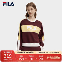 FILA 官方女子套头卫衣2024秋季宽松拼色V字立领针织上衣