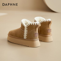达芙妮真皮雪地靴女2024冬季一脚蹬面包保暖短靴厚底加绒棉鞋 40/250