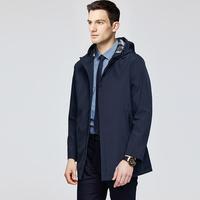 通勤男装中长款连帽风衣男春秋季商务纯色中青年休闲垂顺带帽外套