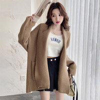 唐狮简约宽松开衫外套女chic韩版棕色毛衣美拉德穿搭qd