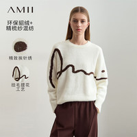 AMII2024冬休闲圆领字母提花刺绣仿貂绒毛衣女宽松落肩袖上衣 米白 160/84A/M