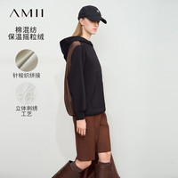 AMII2024冬撞色撞料拼接连帽刺绣口袋加绒卫衣女宽松休闲12444202 黑色 170/92A/XL