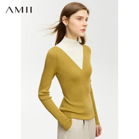 AMII2024冬新款简洁通勤半高领撞色拼接假两件毛衣女修身显瘦上衣