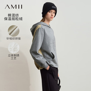 AMII2024冬撞色撞料拼接连帽刺绣口袋加绒卫衣女宽松休闲12444202 花灰 165/88A/L