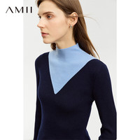 AMII2024冬简洁通勤半高领撞色拼接假两件毛衣女修身显瘦上衣 深海蓝 165/88A/L