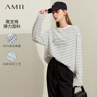 AMII 2024秋新款休闲百搭圆领闪粉印花条纹衫T恤女棉质法式上衣 白深海蓝条 160/84A/M