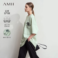 AMII2025春极简新款宽松中长弹力空气层套头落肩短袖印花T恤女