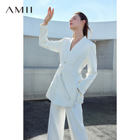 AMII新中式交领V领配腰带外套女宽松高开叉垫肩上衣 米白 160/84A/M