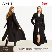 AMII2023冬翻驳领配腰带开叉外套女垫肩布标装饰长款西装12444257 黑色 160/84A/M