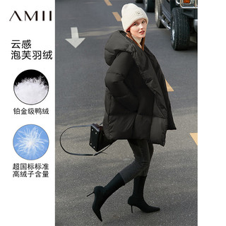 AMII2023冬温暖连帽磁扣鸭绒羽绒服女小个子宽松面包服12424111 黑色 160/84A/M