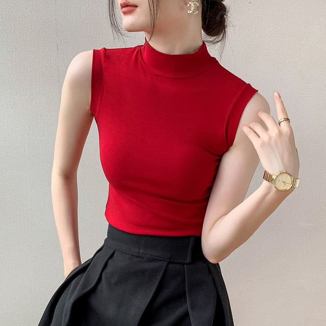 歌倍尚 半高领无袖背心女装2024早秋新品西装内搭上衣纯色修身显瘦打底衫