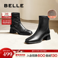 百丽女靴子弹力靴冬季粗高跟时装靴加绒显瘦短靴B2348DZ4