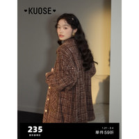 阔色(kuose)黑色格子粗花呢衬衫外套女2024秋冬复古棕色翻领衬衣上衣 棕色 M