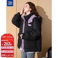移动端、京东百亿补贴：唐狮 2024女撞色拼接立领带帽棉衣 黑色 L
