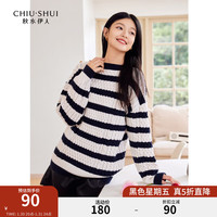 秋水伊人秋水伊人圆领宽松条纹毛针织衫冬季女装经典百搭显瘦上衣 藏青色  S