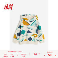 H&M童装男童儿童卫衣柔软拉绒休闲印花连帽长袖上衣1119694 浅米色/图案 110 110/56