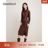 音儿 Goodland美地2024秋季法式解构捏褶斜裁开衩衬衫连衣裙 深咖 36