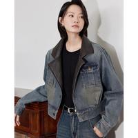 【皮质拼接翻领】24冬唯品款复古摩登牛仔夹克女挺括短款外套