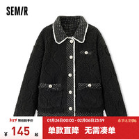Semir森马外套女翻领拼接毛绒毛边气质冬季宽松夹棉夹克小香风 黑色调00399 160/84A/M