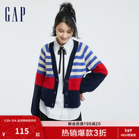 Gap女装秋季款洋气宽松落肩V领针织开衫721572外搭毛衣 蓝色条纹 170/96A(M)