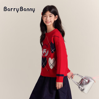 BARRY BANNY童装女童毛衣秋冬6-14岁儿童毛衣保暖打底衫圆领拜年服休闲卫衣 红色爱心鸽针织衫 140-150cm(68-80斤)