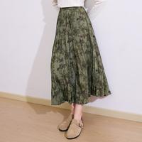 【压皱印花半身裙】2024弹力松紧腰中长款百褶裙A字裙