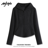 MJ STYLE仿羊绒连帽修身开衫女2025加厚保暖防风轻便显瘦气质百搭上衣 黑/纯色
