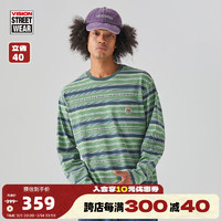 Vision Street Wear 美式街头复古做旧水洗圆领条纹长袖T恤男女同款 绿色条纹 XS