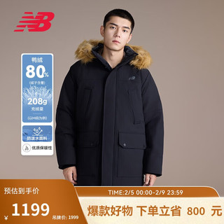 new balance 中长款鸭绒羽绒服男款时尚保暖毛领外套AMJ44300 BK 2XL