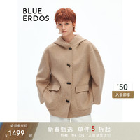 BLUE ERDOS羊毛大衣女24秋冬学院风杂色牛角扣短款连帽呢子厚外套 蘑菇驼 155/76A/XS